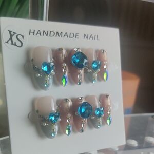 Handmade Nail Set with Bright Teal Gems
